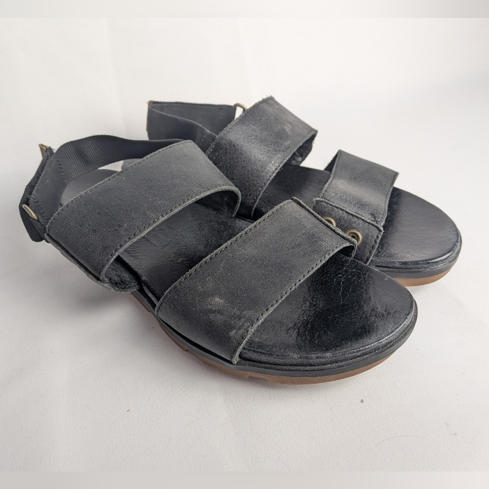 SOREL Sandals Women Size 8 Black Leather Straps Flat Velcro Ankle gladitor